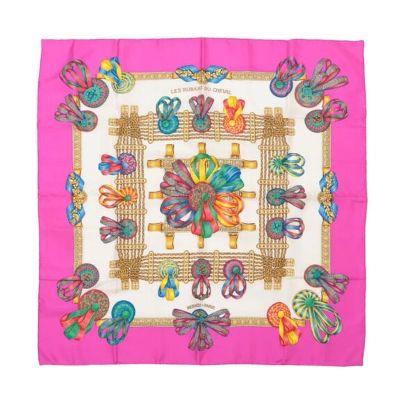 Hermès Carré 90 Les Rubans Du Cheval Silk Scarf Pink - Picture 1 of 6